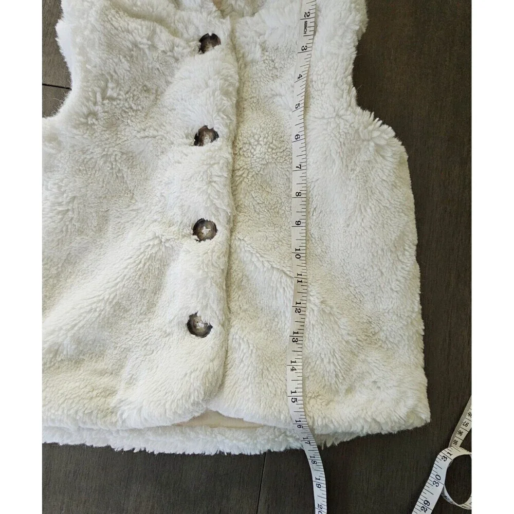 Hanna Andersson White Faux Fur Hooded Vest  Size 6 (120) Button Front Teddy Bear